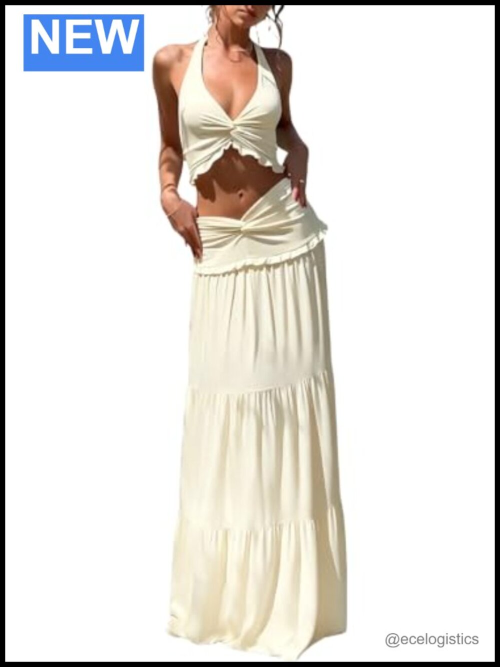 Y2K 2 Piece Skirt Set Halter Top Flowy Ruffle Maxi Skirt Women